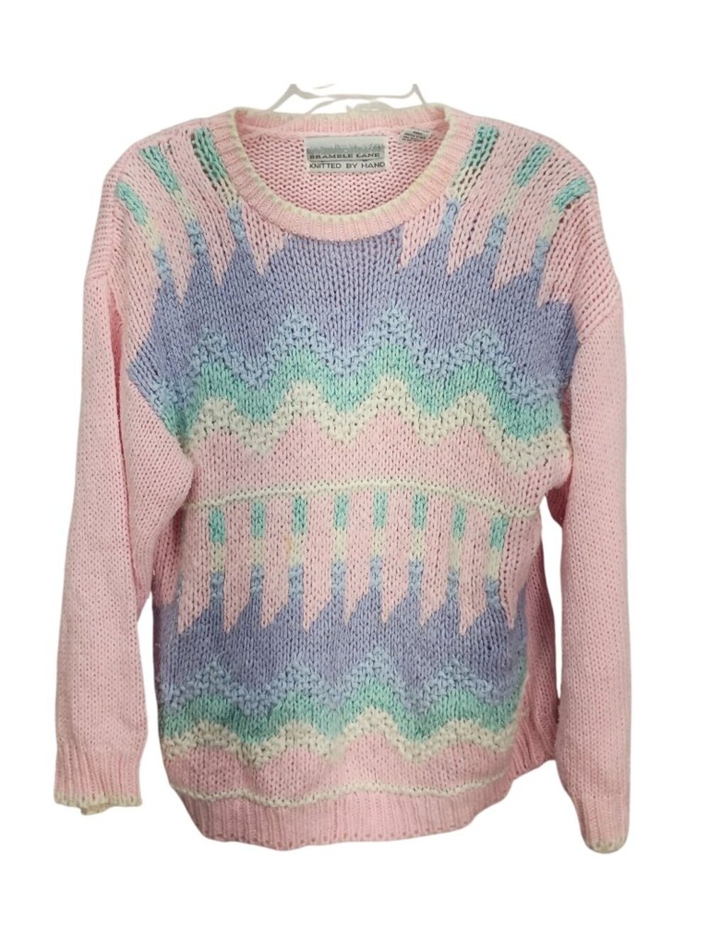 Hand-Knitted‎ Pink Pastel Sweater Bramble Lane Medium Vtg 80/90 Chevron Pattern